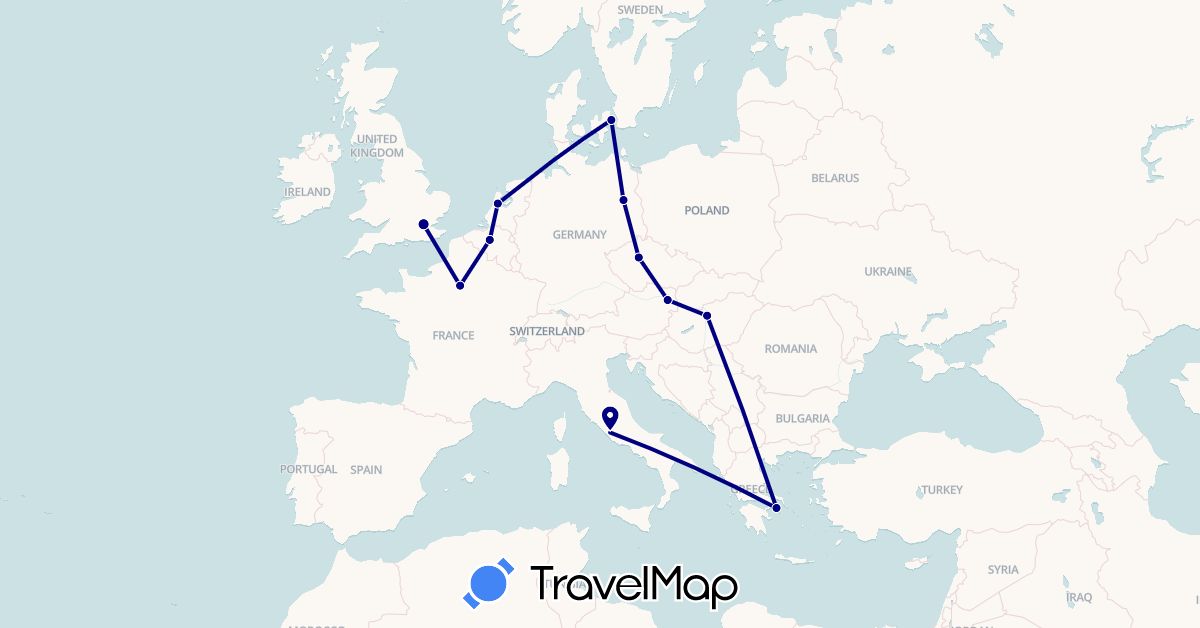 TravelMap itinerary: driving in Austria, Belgium, Czech Republic, Germany, Denmark, France, United Kingdom, Greece, Hungary, Italy, Netherlands (Europe)